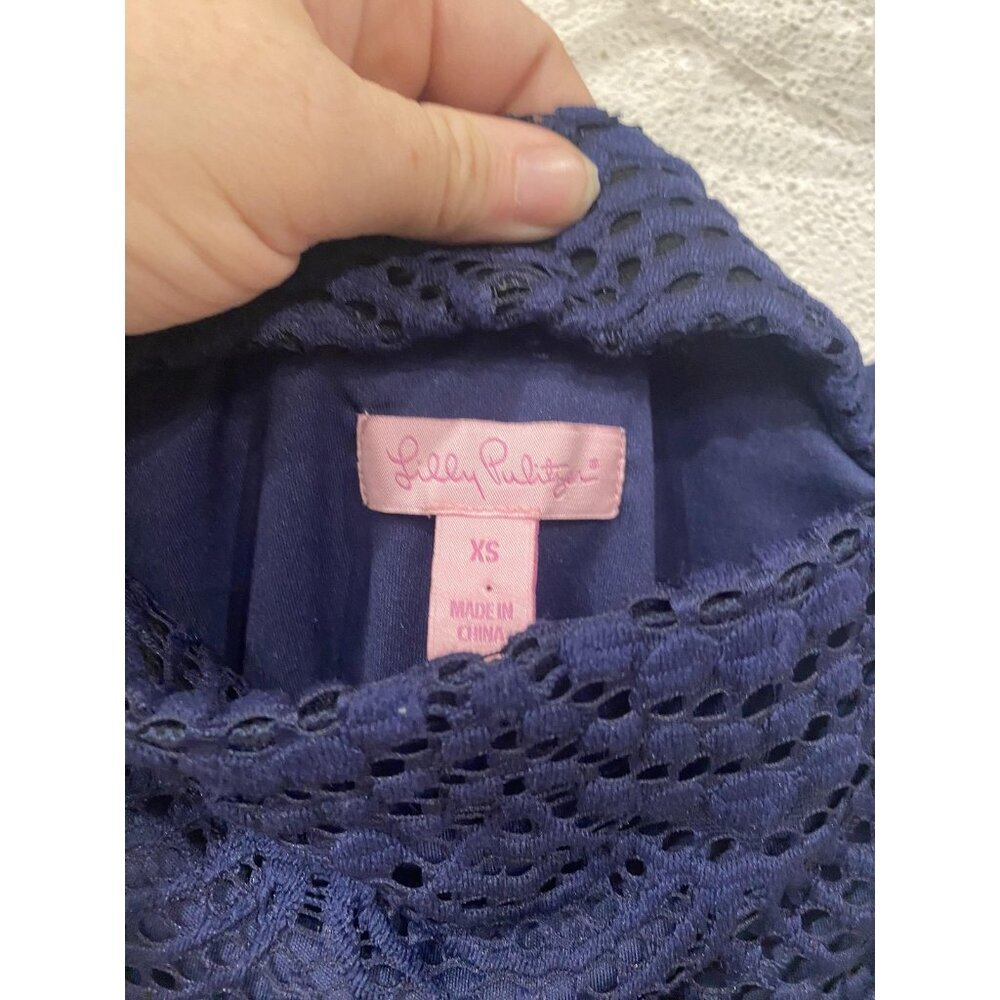 Lilly Pulitzer Jade Dress Womens XS Navy Blue Lace Scallop Hem Shift Lined Party - Picture 3 of 4